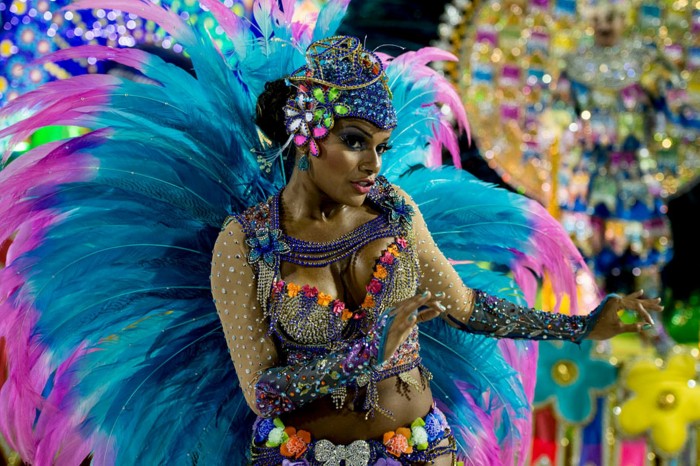 A reveller at the first night of the annual carnival parade in Rio de Janeiro's Sambadrome