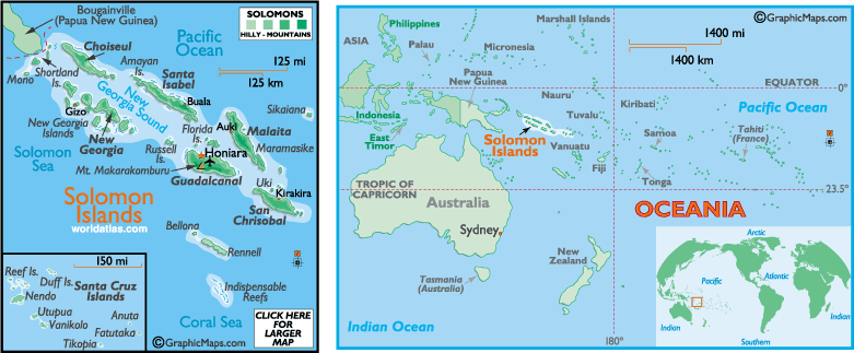 Solomon Islands Map showing location in the Pacific Ocean relative to Australia