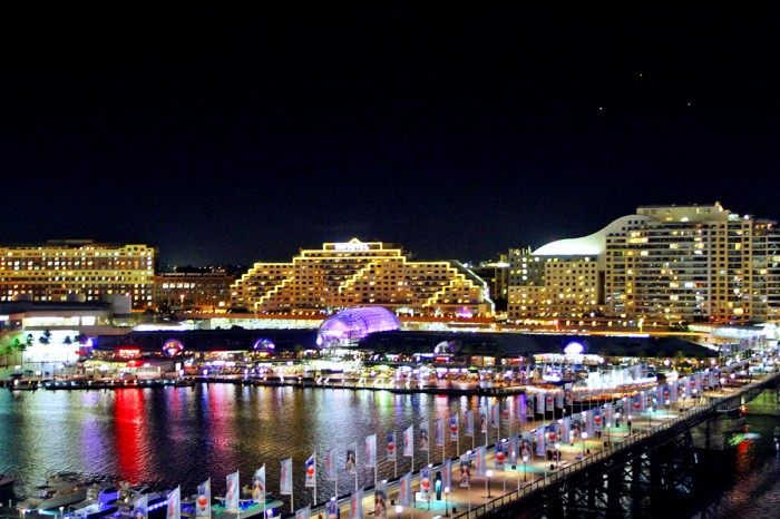 View of darling harbour from the balcony at night
